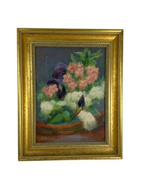 MCM Floral Still Life Oil Painting Signed LEWKOWICZ In Ornate Gold Frame 1960s